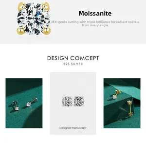 Close-up of 3EX cut moissanite earrings in 925 silver with gold and silver finishes