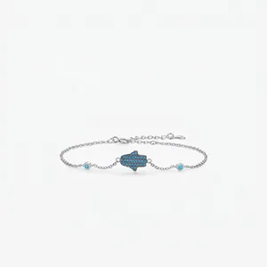 Hamsa Hand Pendant Bracelet S925 Sterling Silver Turquoise Inlaid Adjustable Link Chain Ethnic Bohemian Jewelry Gift For Women