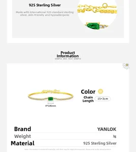 Detailed view of gold-plated 925 silver bracelet with rectangular emerald zircon stone