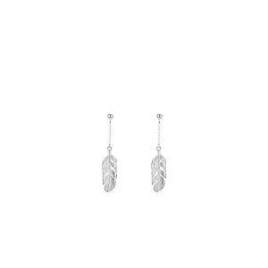 Elegant S925 sterling silver feather dangle earrings with long chains on white background
