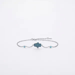 S925 Sterling silver Hamsa Hand bracelet with blue stones on a minimalist chain