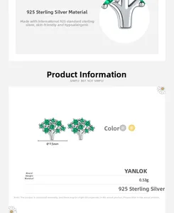 Detailed specs of S925 sterling silver tree studs with green zircon and 6x7.5mm size