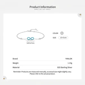 Bracelet infini en argent sterling S925 turquoise avec dimensions détaillées