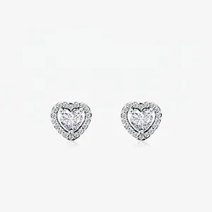 Boucles d'Oreilles Clous Cœur en Argent Sterling 925 pour Femmes Luxueux Halo de Zircone Boucles d'Oreilles Amour Bijoux de Mode Étincelants
