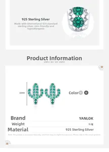 Détail de boucles d'oreilles cactus en argent 925 avec zircon vert, taille de 11 mm