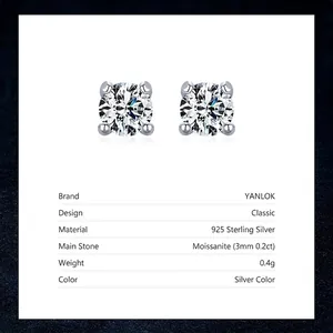 Classic 925 sterling silver stud earrings featuring 3mm round cut D color moissanite stones