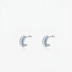 Boucles D'oreilles Demi-Cercle En Forme De C Avec Künstliche Perle Turquoise Zircon Et Tige En Argent Sterling 925 Bijoux Vintage Femmes
