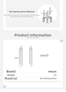 Detail of 925 sterling silver tassel earrings featuring octagram star design and size data