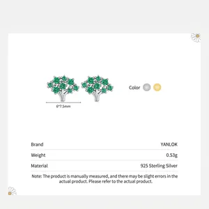 S925 sterling silver tree stud earrings with green gemstones, 6x7.5mm minimalist jewelry
