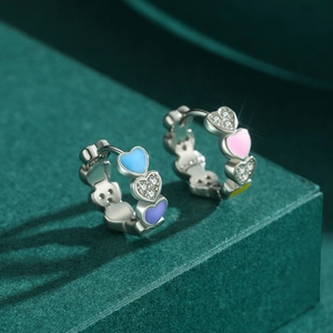 Elegant S925 sterling silver hoop earrings with rainbow heart enamel and cubic zirconia
