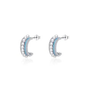 Boucles d'oreilles créoles C en argent S925 avec perles, turquoise et zircons blancs