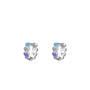 925 Sterling Silver Colorful Heart Hoop Earrings Sweet Rainbow Enamel Drip Glaze Rhinestone Huggie Earrings For Women Jewelry