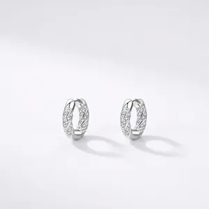Polished sterling silver twisted hoop earrings with micro-pave crystals in 925 silver finish