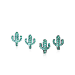 Boucles d'oreilles cactus en argent sterling S925 avec micro-incrustations de zircon vert