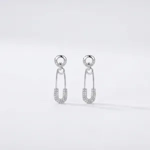 925 Sterling Silver Safety Pin Stud Earrings For Women Pave Rhinestone Creative Fashion Piercing Earrings Jewelry