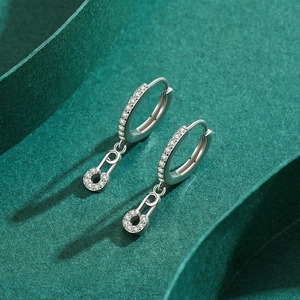 Exquisite S925 sterling silver safety pin earrings with micro-set zircon stones for women