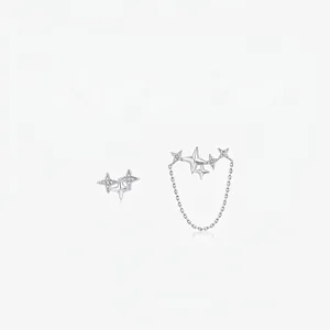 925 Sterling Silver Asymmetric Star Stud Earrings For Women Rhinestone Inlaid Star Tassel Chain Ear Line Fashion Jewelry