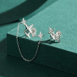 Asymmetric S925 sterling silver four-point star stud earrings with long chain tassel