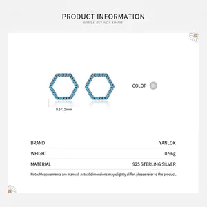 Boucles d'oreilles hexagonales en argent 925 avec pierres turquoise bleu ciel, 9,6x11mm