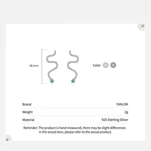925 Sterling Silver snake stud earrings with green eyes stones, 28.5mm height