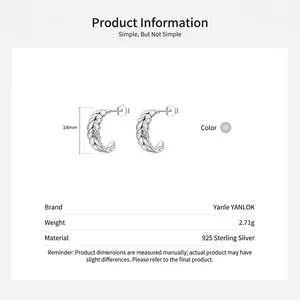 Retro s925 sterling silver leaf hoop earrings with white zircons and product dimensions
