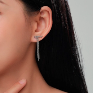 Elegant S925 sterling silver long tassel drop earrings with HAPPY hollow letter design