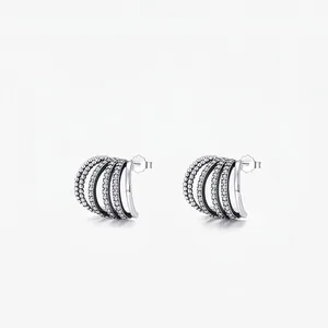 925 Sterling Silver Multi Layer C Shaped Stud Earrings With Rhinestone Pave Inlaid Fashion Jewelry For Women Daily Gift