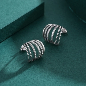 Vintage S925 sterling silver hoop earrings with curved multi-layer zircon micro-pave