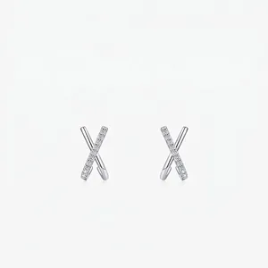 925 Sterling Silver X-Shape Crossover Stud Earrings For Women Tiny Cubic Zirconia Inlaid Modern Minimalist Jewelry Gift