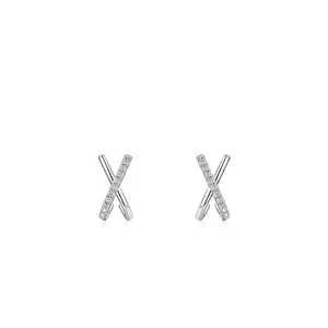 Elegant sterling silver X-shaped cross stud earrings with sparkling white diamonds