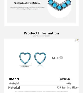 Détail macro de boucles d'oreilles cœur en argent 925 avec turquoise de 10,2 mm