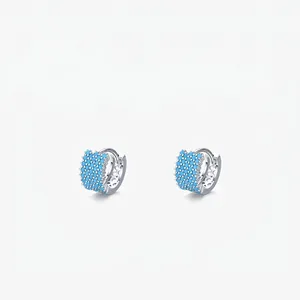 925 Sterling Silver Turquoise Huggie Hoop Earrings For Women Micro Pave Round Blue Gemstone Elegant Fashion Jewelry Ear Buckles