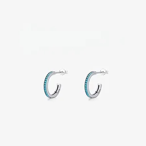 925 Sterling Silver Turquoise Stud Earrings For Women Korean Fashion C-Shaped Micro Inlaid Geometric Small Ear Jewelry