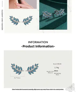 Detailed view of S925 sterling silver leaf stud earrings with turquoise measuring 8.2x14mm