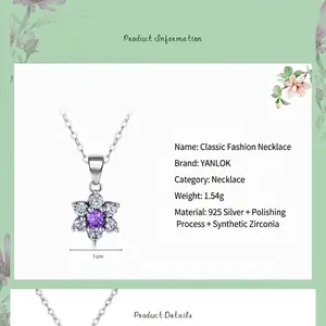 925 silver flower necklace with purple zirconia, polished floral pendant for women