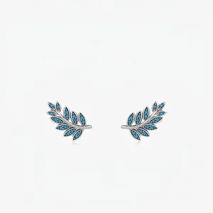 925 Sterling Silver Turquoise Leaf Stud Earrings For Women Minimalist Dainty Botanical Branch Ear Piercing Jewelry Daily Gift