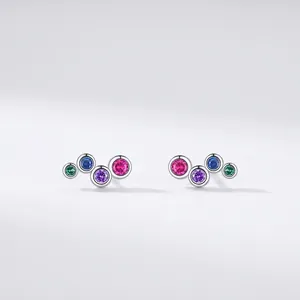925 Sterling Silver Rainbow Stud Earrings For Women Korean Style Multicolor Rhinestone Curved Row Minimalist Jewelry Gift