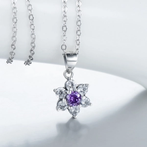 Elegant 925 sterling silver flower necklace with purple zircon and white crystal petals