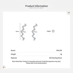 Minimalist 925 silver wave stud earrings with micro-paved white zircons and 24mm height