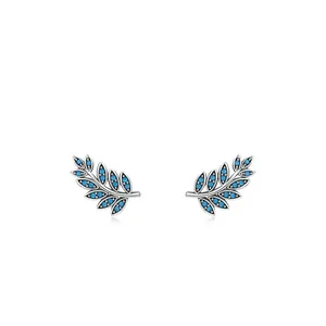 S925 sterling silver leaf stud earrings with turquoise stones in a minimalist design