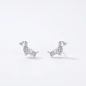 Boucles d'Oreilles Clous Chien Teckel Origami Argent Sterling 925 Avec Zirconia Animal Chiot Bijoux Cadeau Pour Femme Fille