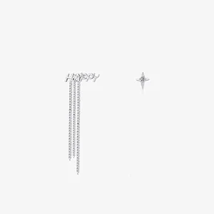 Boucles d'Oreilles Gland en Argent Sterling 925 Asymétriques Lettre Happy Pour Femmes Élégantes Boucles d'Oreilles Pendantes Longue Chaîne Étoile Zirconia Bijoux