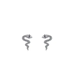 Vintage S925 Sterling Silber Schlangenohrstecker mit Schuppenstruktur und schwarzen Zirkonien