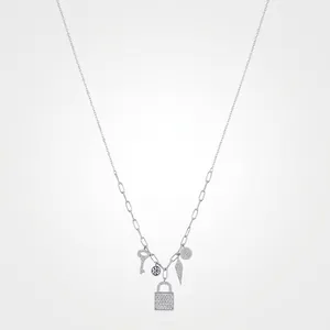 S925 Sterling Silver Multi Charm Pendant Necklace For Women Micro Pave Rhinestone Key Lock Round Paperclip Chain Jewelry