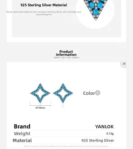 Macro detail of 925 sterling silver star earrings with turquoise and dimensions info