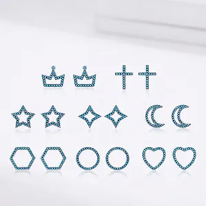 Boucles d'Oreilles Clous en Argent Sterling S925 Turquoise Femme Étoile Lune Cœur Croix Géométrique Bijoux Boho Chic