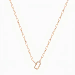 925 Sterling Silver Rose Gold Rectangular Pendant Necklace With Zirconia Minimalist Paperclip Chain Clavicle Chain Jewelry For Women