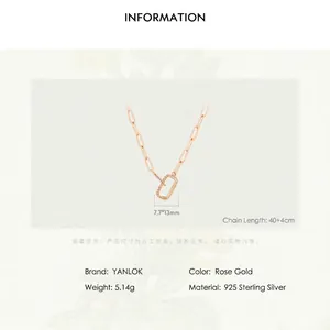 Rose gold S925 sterling silver rectangular pendant necklace with zircon and paperclip chain