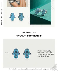 Detail view of 925 sterling silver Hamsa hand stud earrings with blue bead accents
