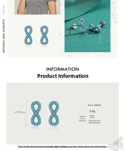 Macro detail of 925 sterling silver infinity stud earrings with turquoise stones and size specs